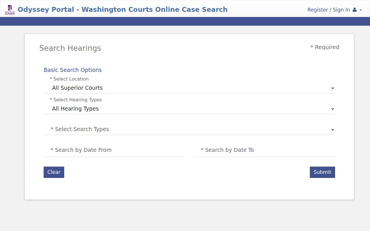 Lewis County court schedule Search Hearings fields